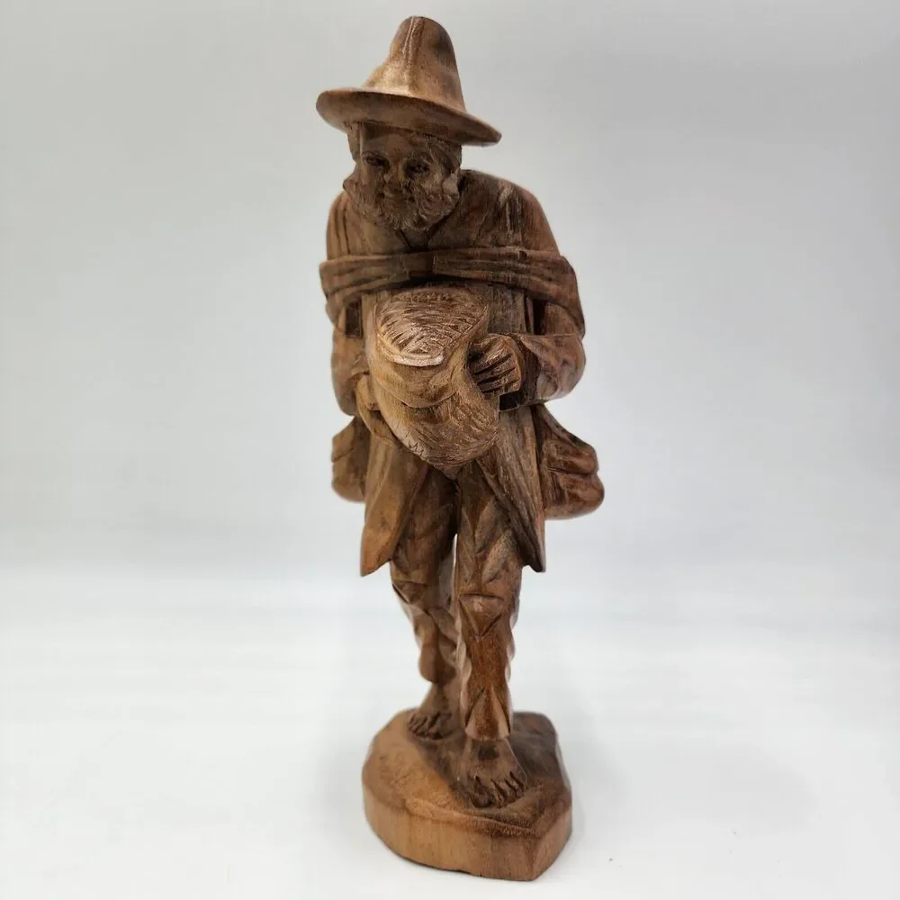Vintage Carved Wood Sad Drifter Beard Bare Feet Hobo Folk Art Figurine Statue